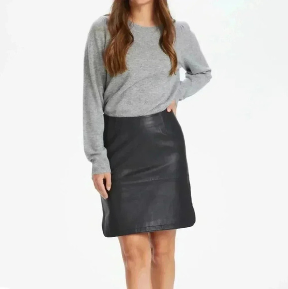 Part Two Ursanas  PW 100%Leather Skirts Sz 6/8 W34 Black Zipper Soft Side Slit - Picture 3 of 11